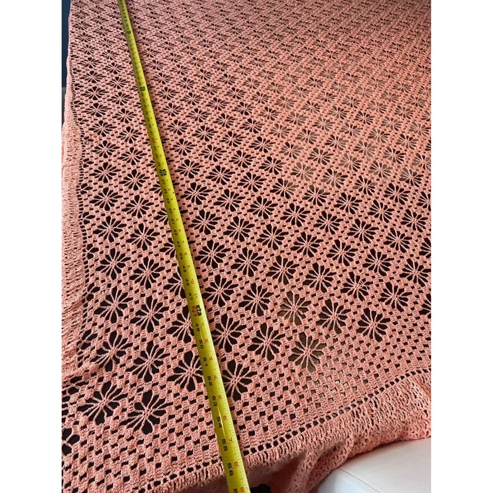 Vintage Handmade Crochet Lace Tablecloth Peach Coral Starburst Floral 56x56